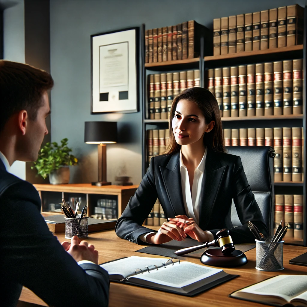 Attorney Adela Aprodu consulting with client in professional law office setting, showcasing expertise in restraining order violations and clerk magistrate hearings