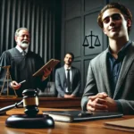 Defense attorney in a courtroom representing a client in a rape dismissal case, with a judge announcing the dismissal in the background