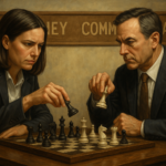 An attorney and a prosecutor sit across from each other, intensely focused on a chessboard between them. The scene symbolizes the strategic legal battle in an OUI Drugs case, with the defense attorney representing Attorney Aprodu outmaneuvering the Commonwealth.