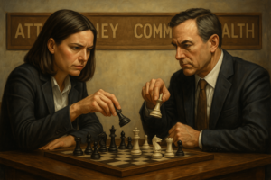 An attorney and a prosecutor sit across from each other, intensely focused on a chessboard between them. The scene symbolizes the strategic legal battle in an OUI Drugs case, with the defense attorney representing Attorney Aprodu outmaneuvering the Commonwealth.