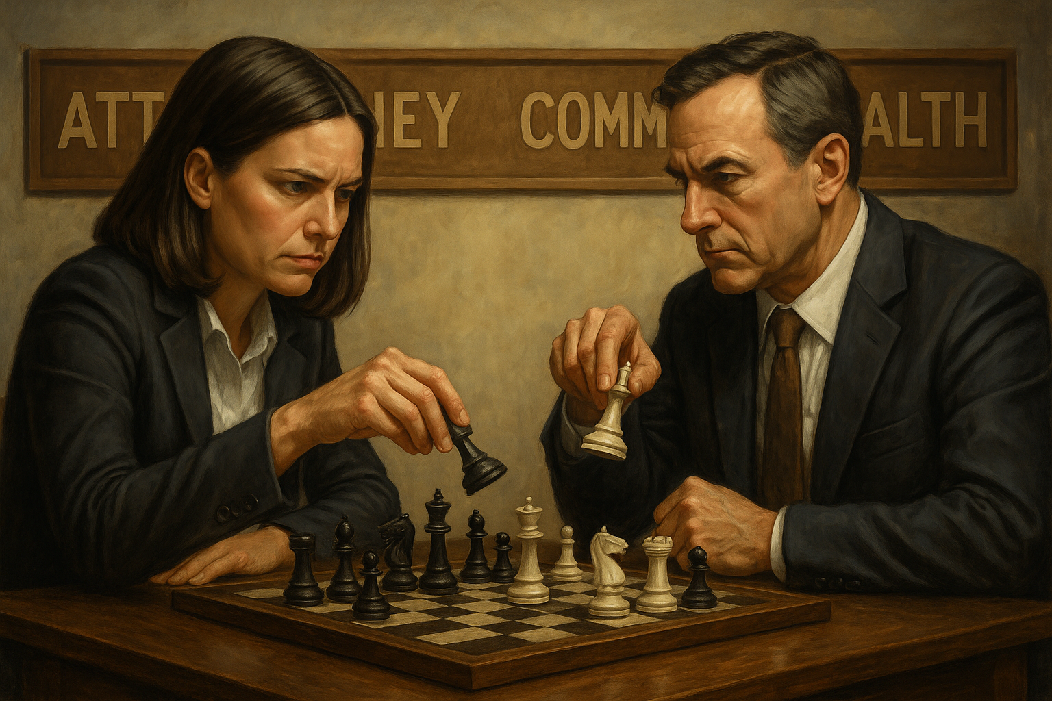An attorney and a prosecutor sit across from each other, intensely focused on a chessboard between them. The scene symbolizes the strategic legal battle in an OUI Drugs case, with the defense attorney representing Attorney Aprodu outmaneuvering the Commonwealth.